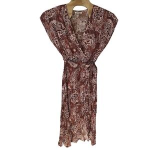 Rip Curl‎ Dress Size Small Brown Ivory Floral Short Sleeve Wrap V-Neck Maxi Boho